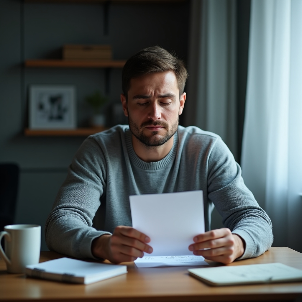 Person sitting quietly at a desk, reviewing a receipt with a thoughtful, slightly regretful expression