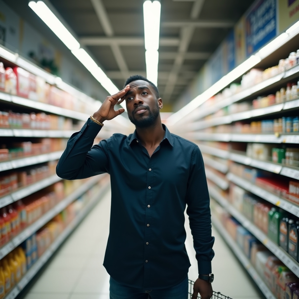 Person standing in a bright supermarket aisle, looking overwhelmed by choices, hand raised to forehead, wide shot