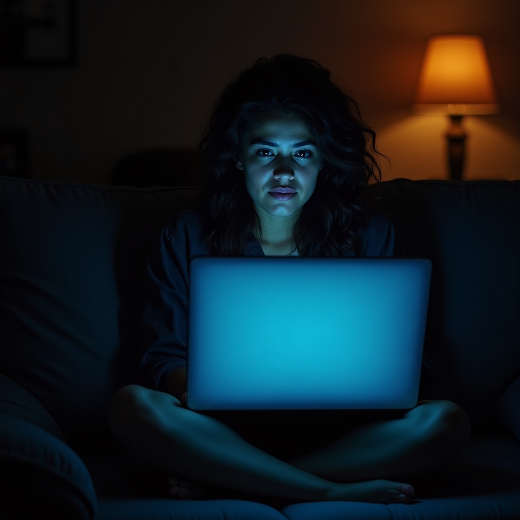 Person browsing an online shopping site late at night, laptop glow illuminating a tired but engaged face, dark room