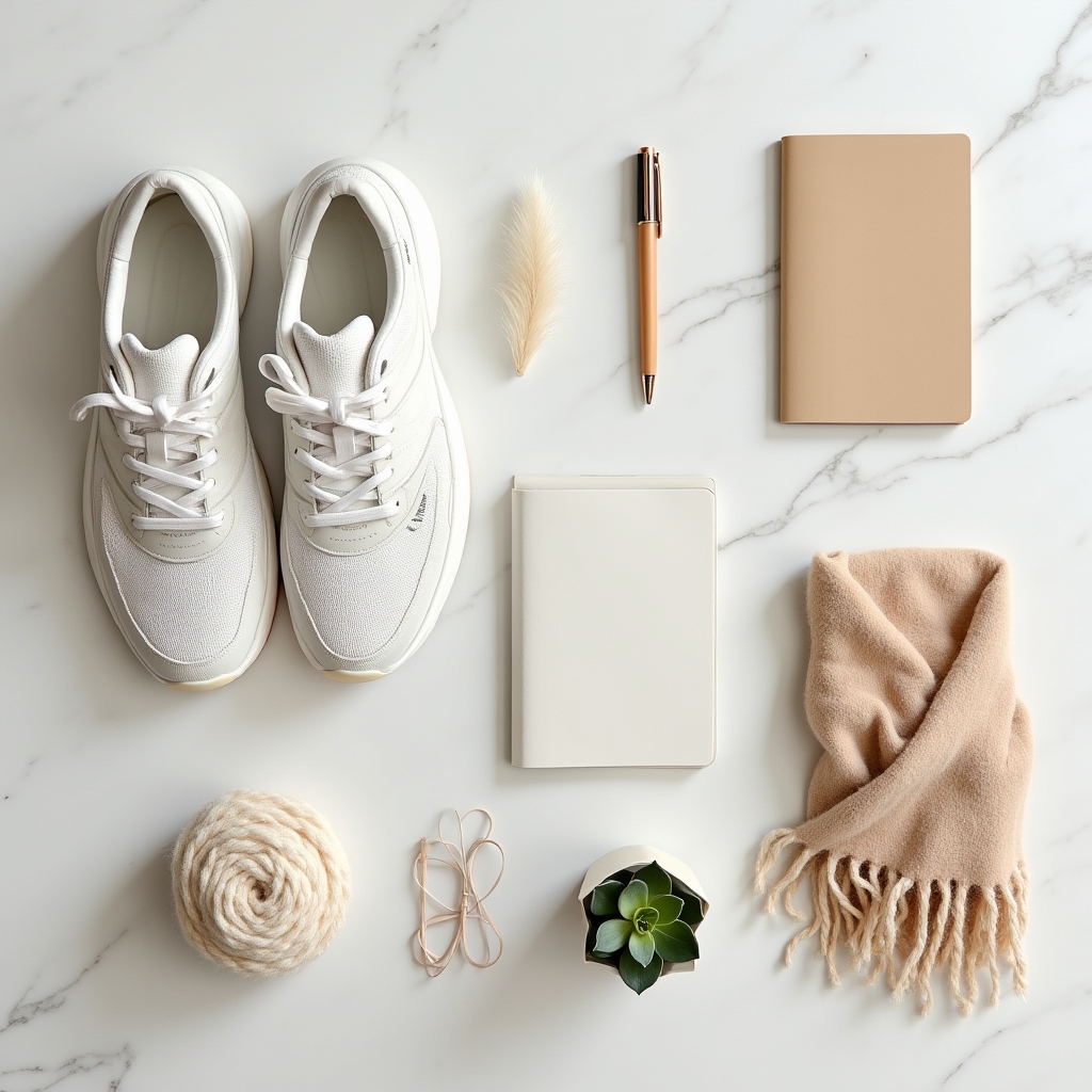 Curated flat lay of lifestyle products on a marble surface, aspirational aesthetic, warm diffused light, careful arrangement
