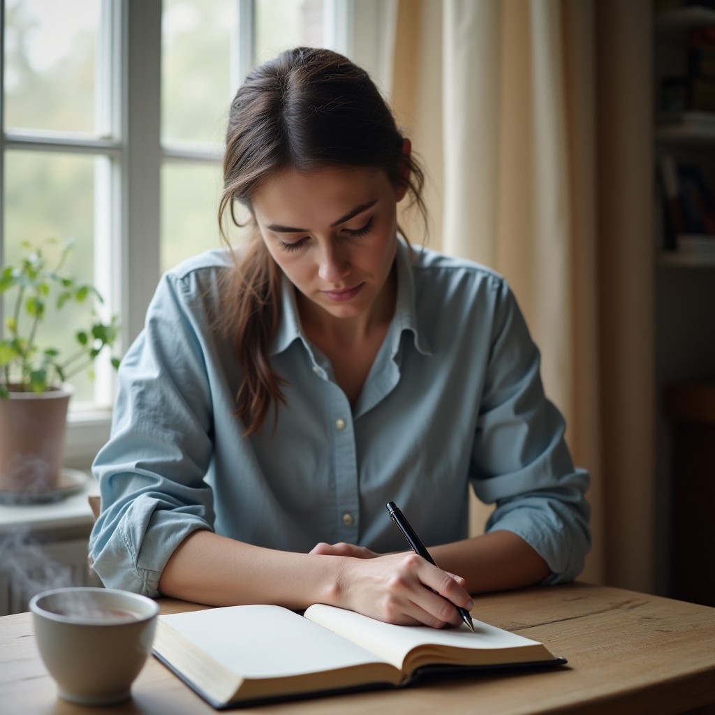 Person writing in a journal at a clean desk, morning light through a window, thoughtful expression, pen in hand